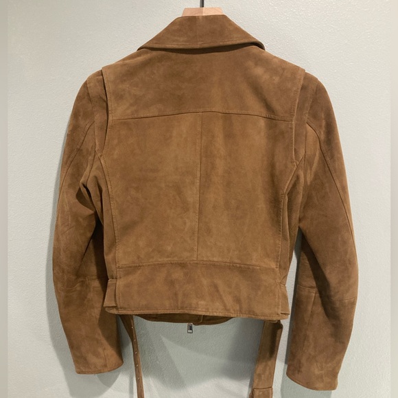 Theory Cropped Lambskin Suede Leather Moto Jacket in Caramel Sz S - Picture 2 of 14